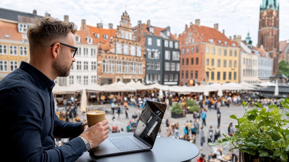 Un homme vêtu d'une chemise sombre travaille sur son ordinateur portable tout en dégustant un café, assis en terrasse avec vue sur une place animée bordée de bâtiments colorés à l’architecture européenne. Une scène qui illustre parfaitement la tendance du bleisure, combinant travail et découverte d’une nouvelle destination.