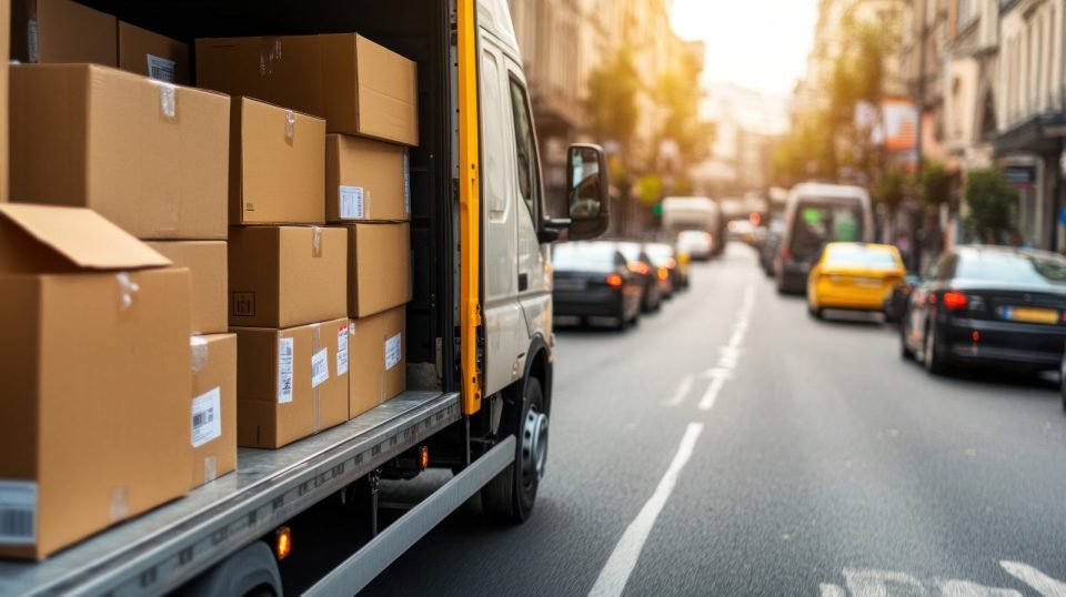Camionnette de livraison avec des cartons chargés à l’arrière, garée dans une rue urbaine animée, entourée de voitures en circulation, symbolisant la logistique urbaine et le transport de marchandises